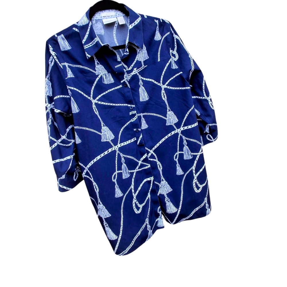 Chico's Tassel Print Button-Up Blue & White No-Iron Cotton Blouse Size 2 Large